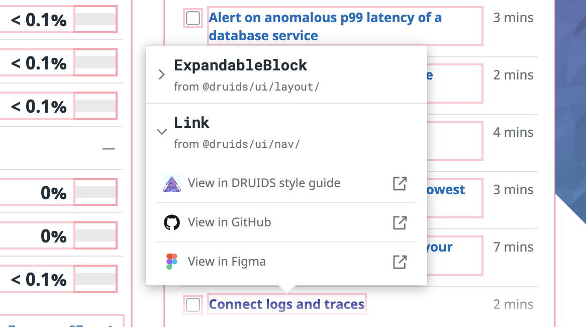 A visual of how Datadog employees can see which DRUIDS component is being used anywhere in the app.
